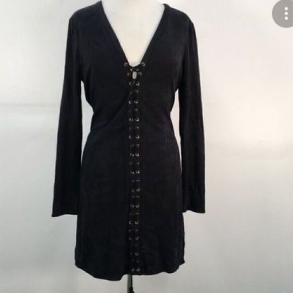 🕷️GIANNI BINI “ROXY” stretchy BLACK LACE-UP MINI DRESS SZ SMALL fits like M-L - Picture 2 of 10